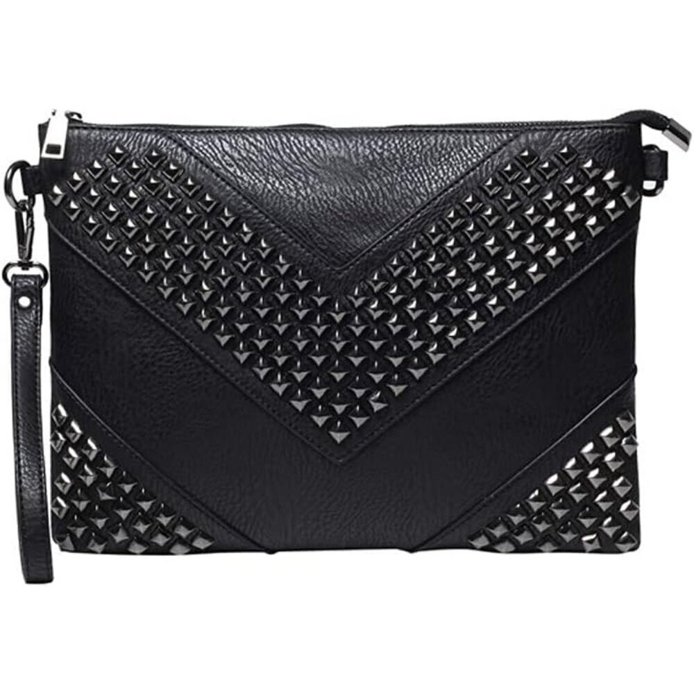 🆕Nigedu Women Black Oversized Leather Clutch Studded Wristlet Envelope Handbag